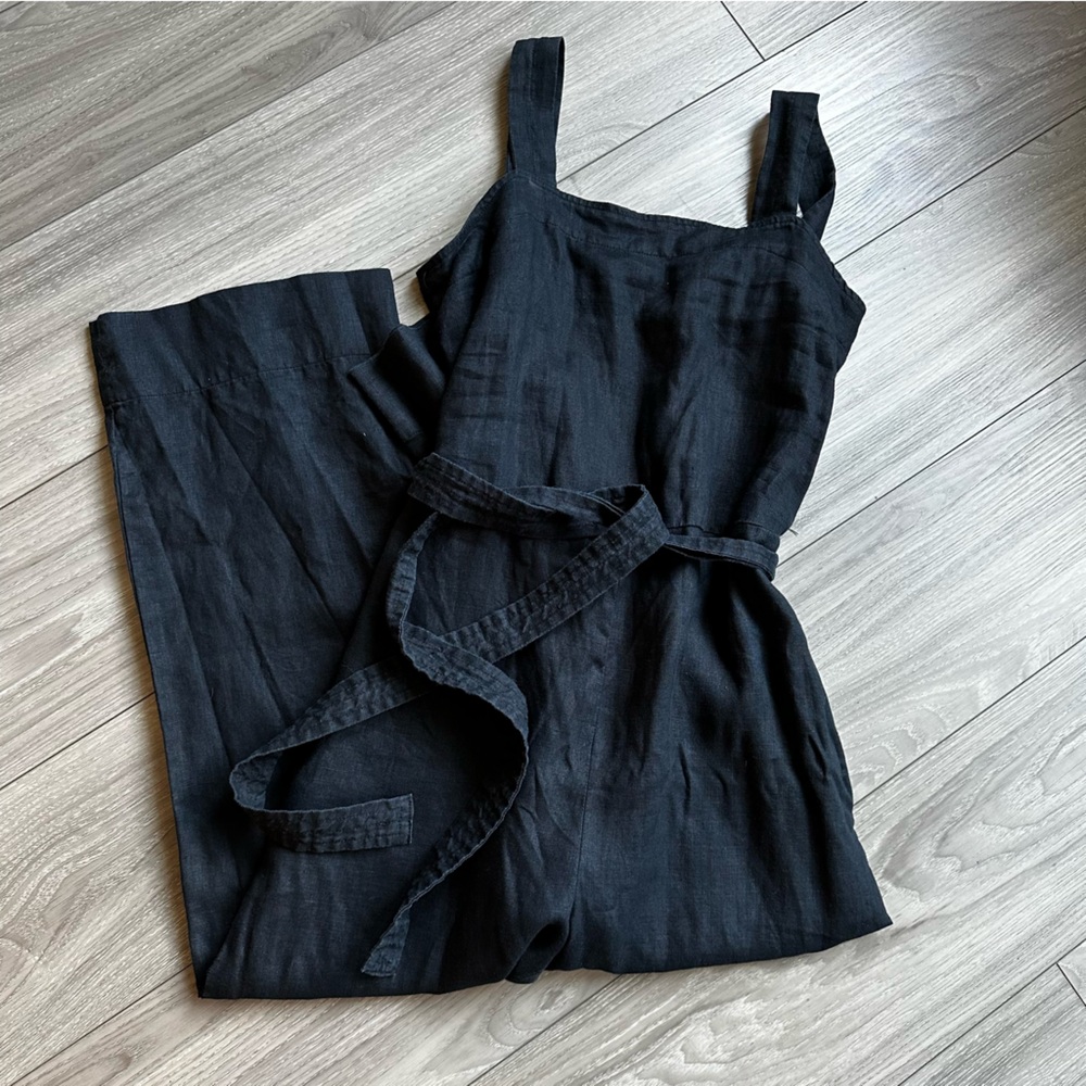 Quince 100% linen square neck black jumpsuit